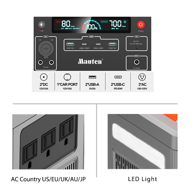 Mauten Portable Power Station 700W LiFePO4 Battery No Fuel Emergency Solar Generator Output Pure Sine Wave Portable Power 110V/220V